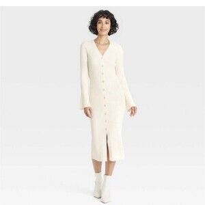 NWT Cream Colored Ribbed Sweater Long Cardigan Dress MED Spring Fairy Coastal
